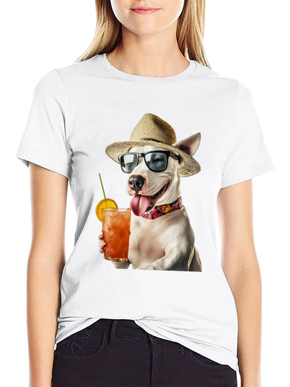 Camiseta Negra con Perro Bebiendo Cóctel
