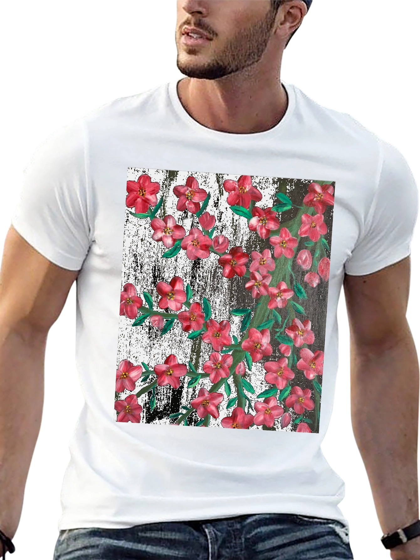 Camiseta Negra con Estampado Floral Artístico