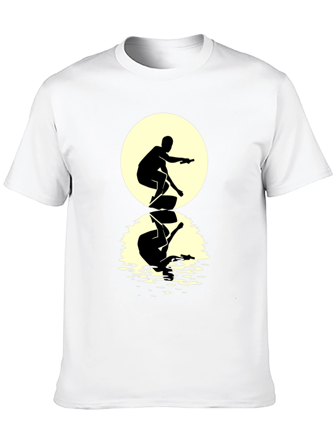 Camiseta Negra Hombre: Silueta Surfista Reflejo Lunar