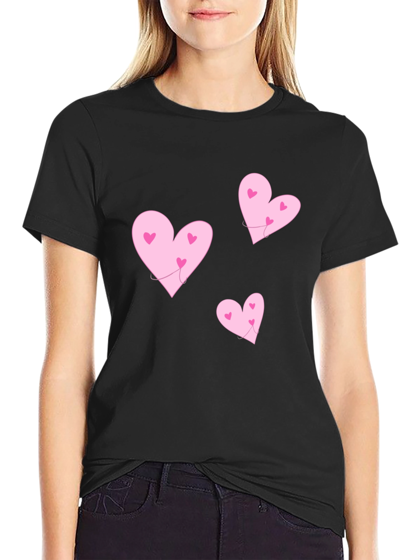 Camiseta Negra Corazones Rosas Amor