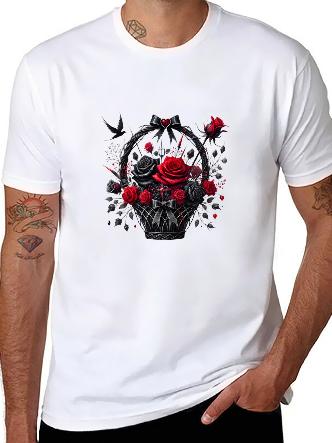 Camiseta Negra con Cesta de Rosas Góticas