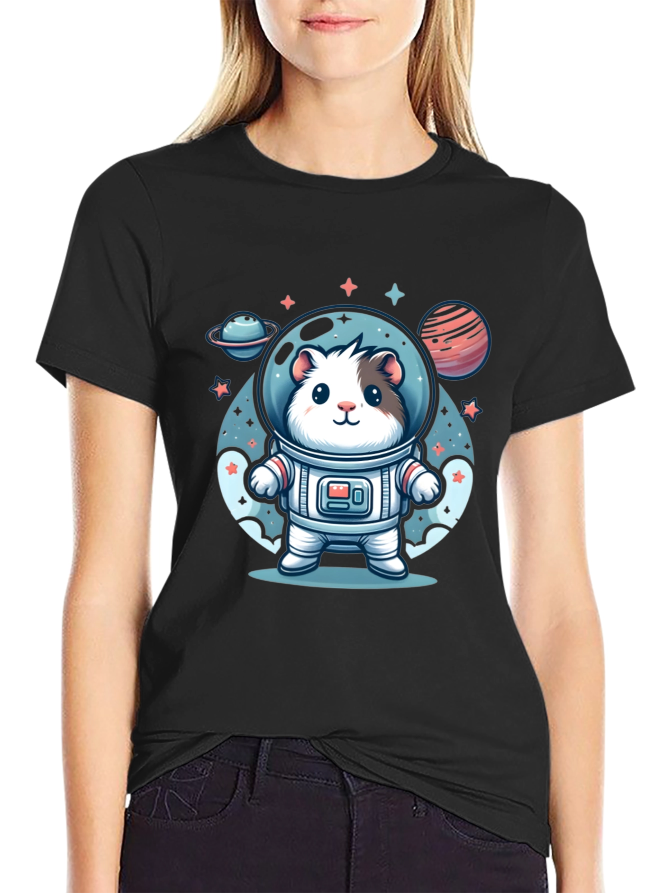 Camiseta Negra con Diseño Astronauta Hamster Espacial