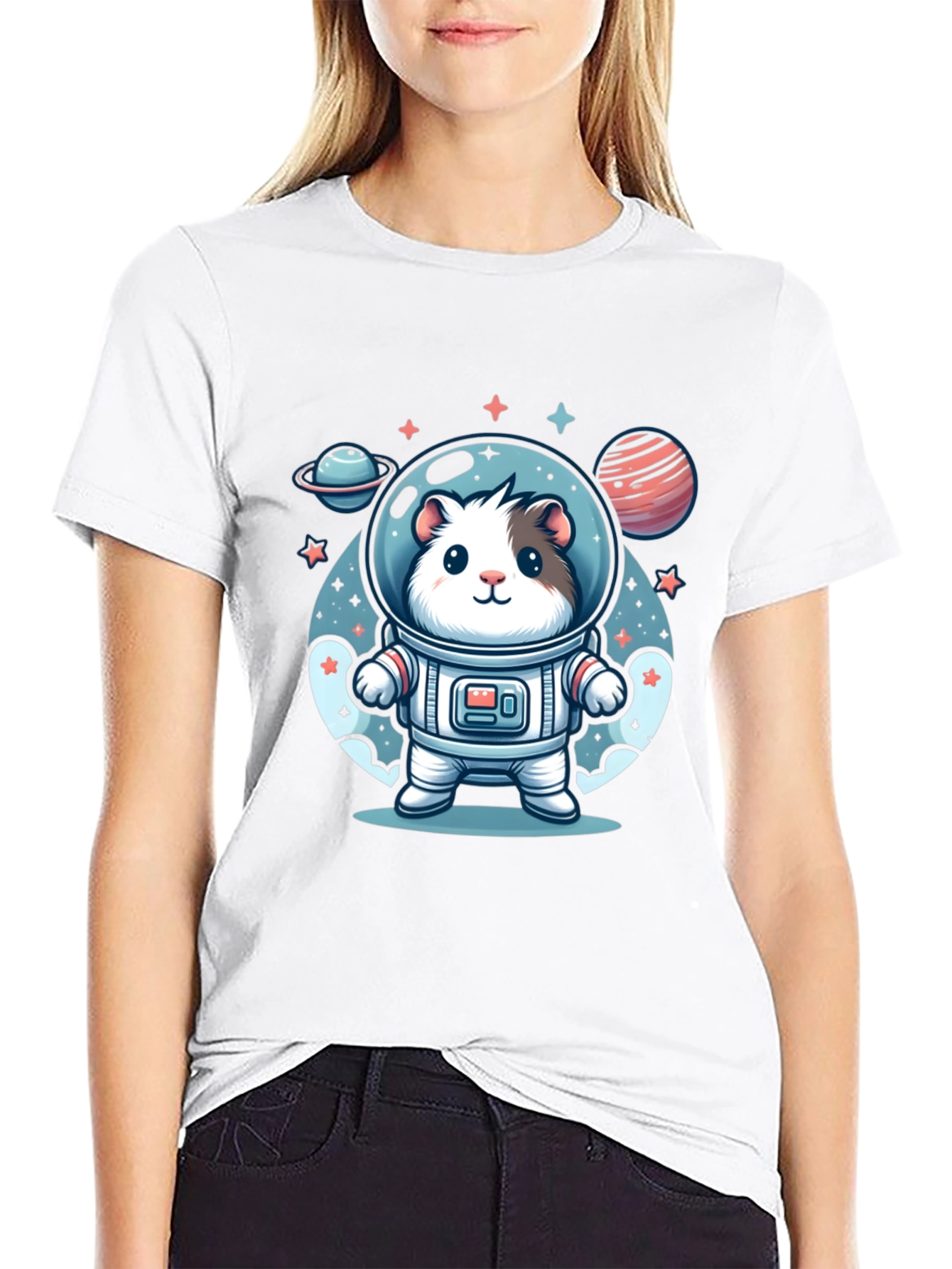Camiseta Negra con Diseño Astronauta Hamster Espacial