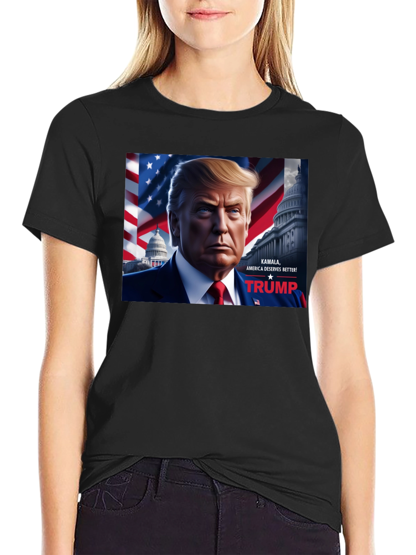 Camiseta Negra Trump: Kamala America Deserves Better!