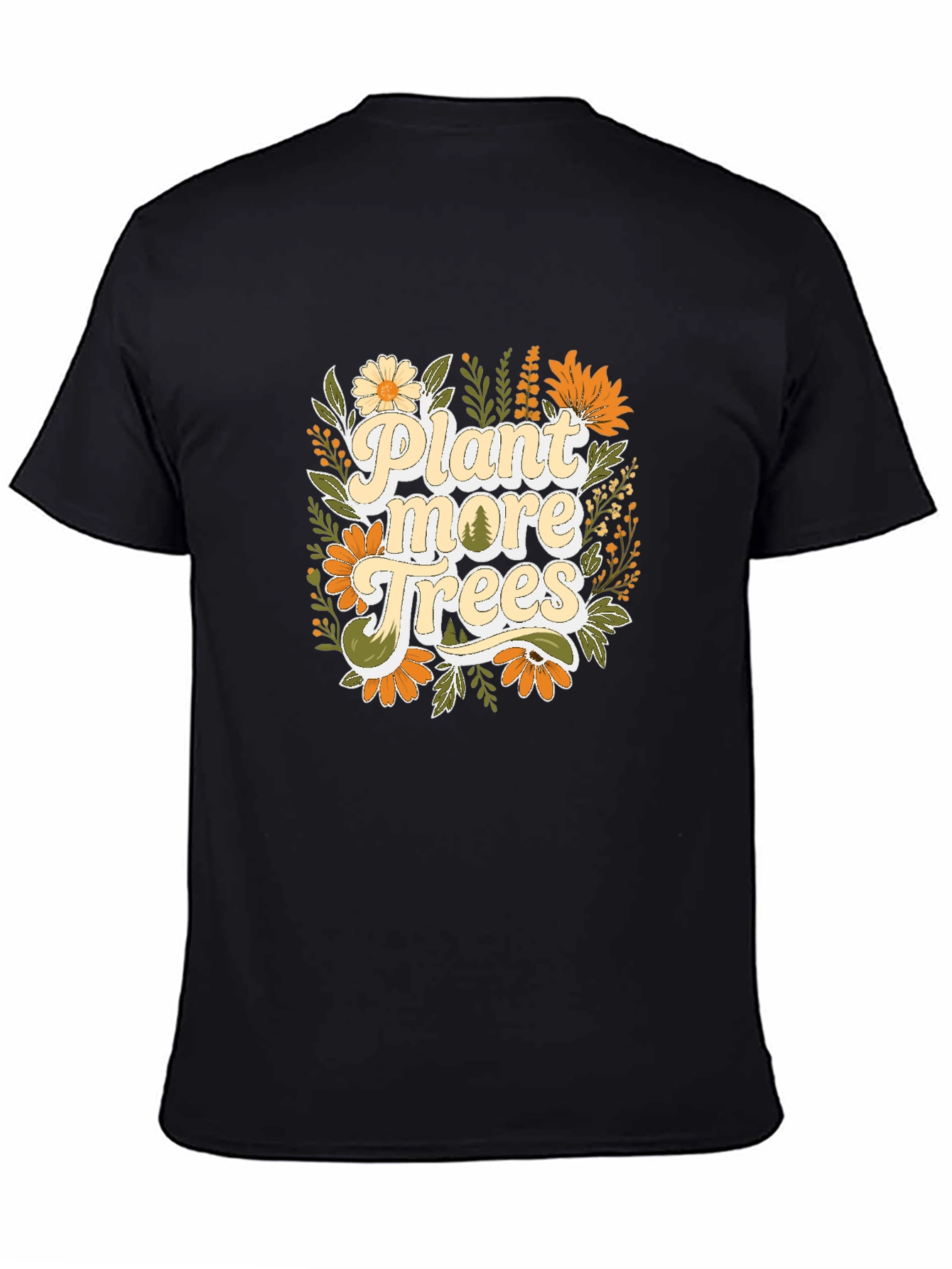 Camiseta Negra con Diseño Floral Planta más árboles