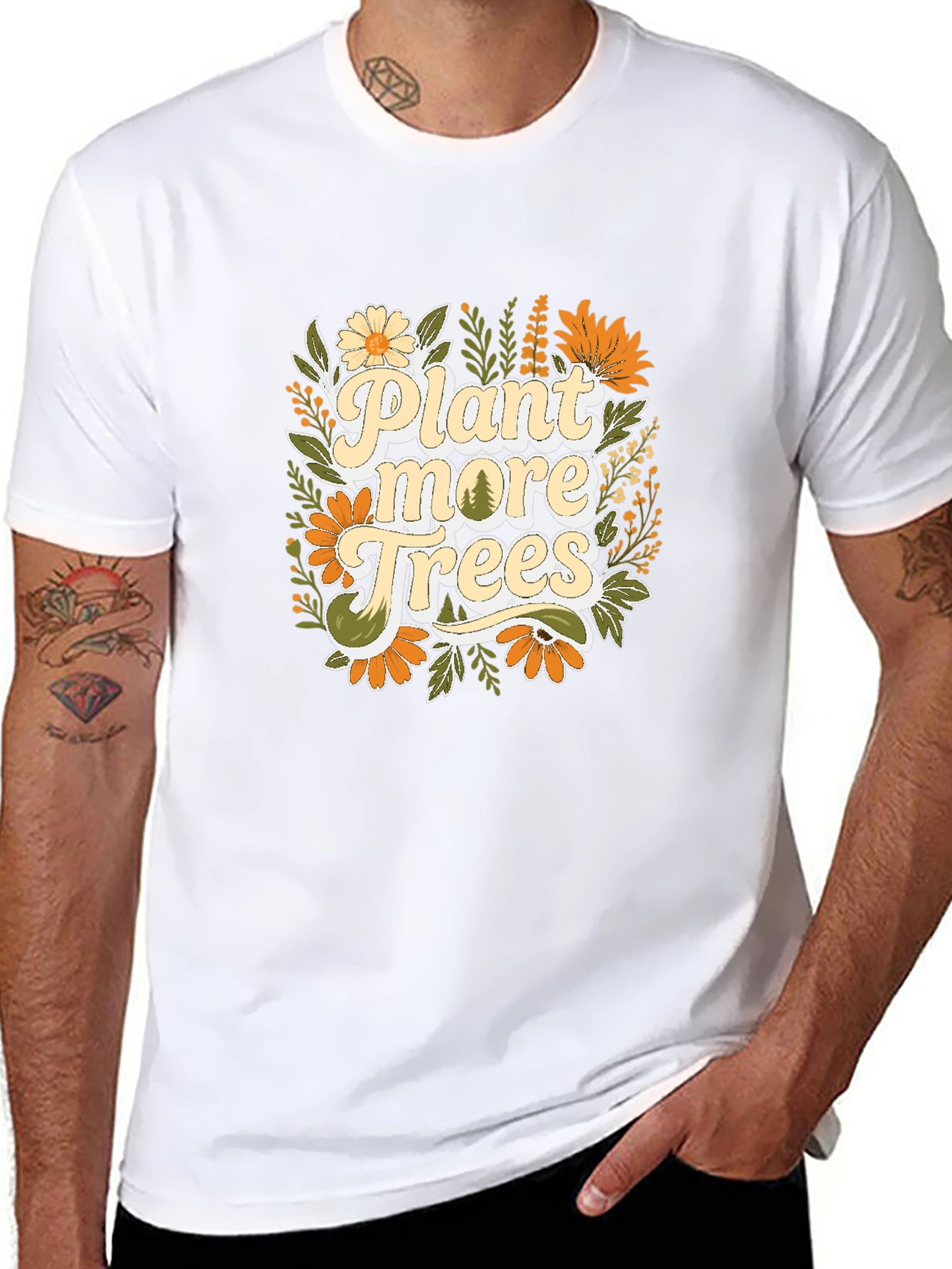 Camiseta Negra con Diseño Floral Planta más árboles