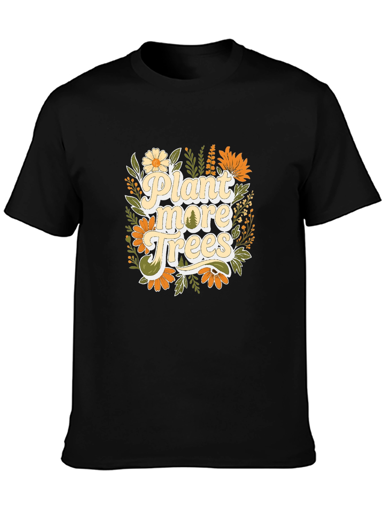 Camiseta Negra con Diseño Floral Planta más árboles