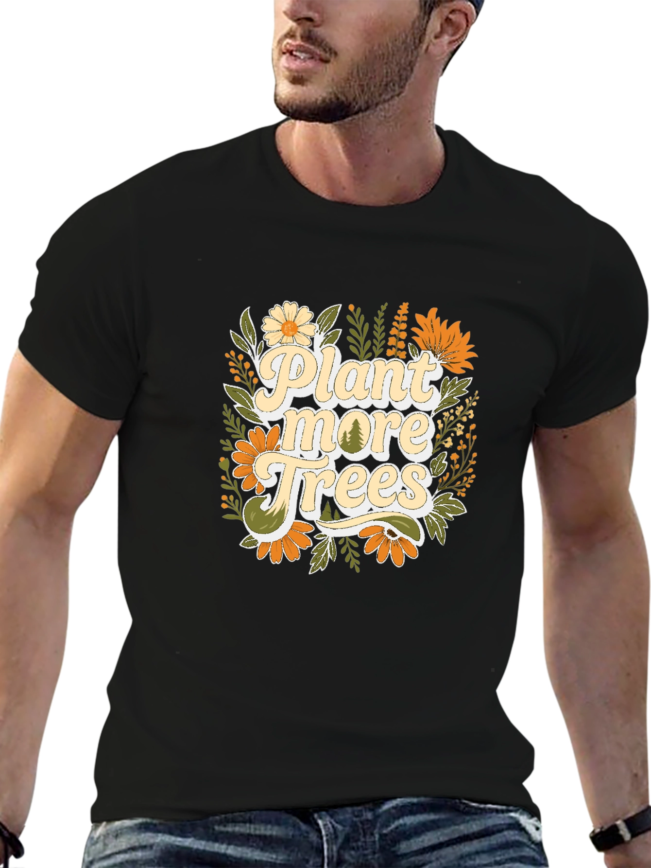 Camiseta Negra con Diseño Floral Planta más árboles