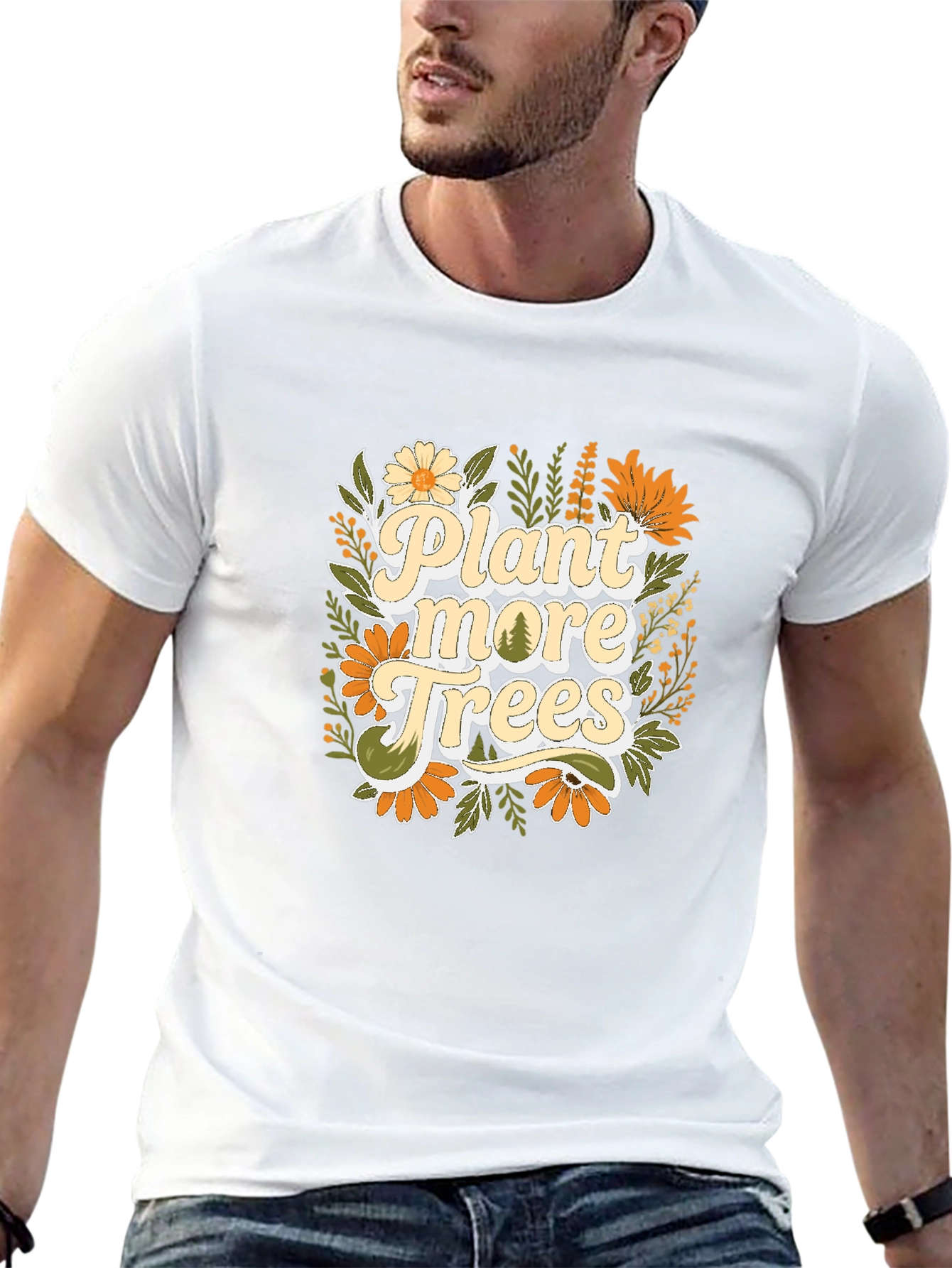 Camiseta Negra con Diseño Floral Planta más árboles