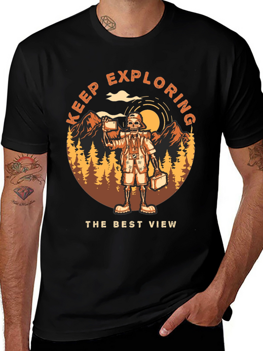 Camiseta Negra Keep Exploring con Diseño de Esqueleto Viajero