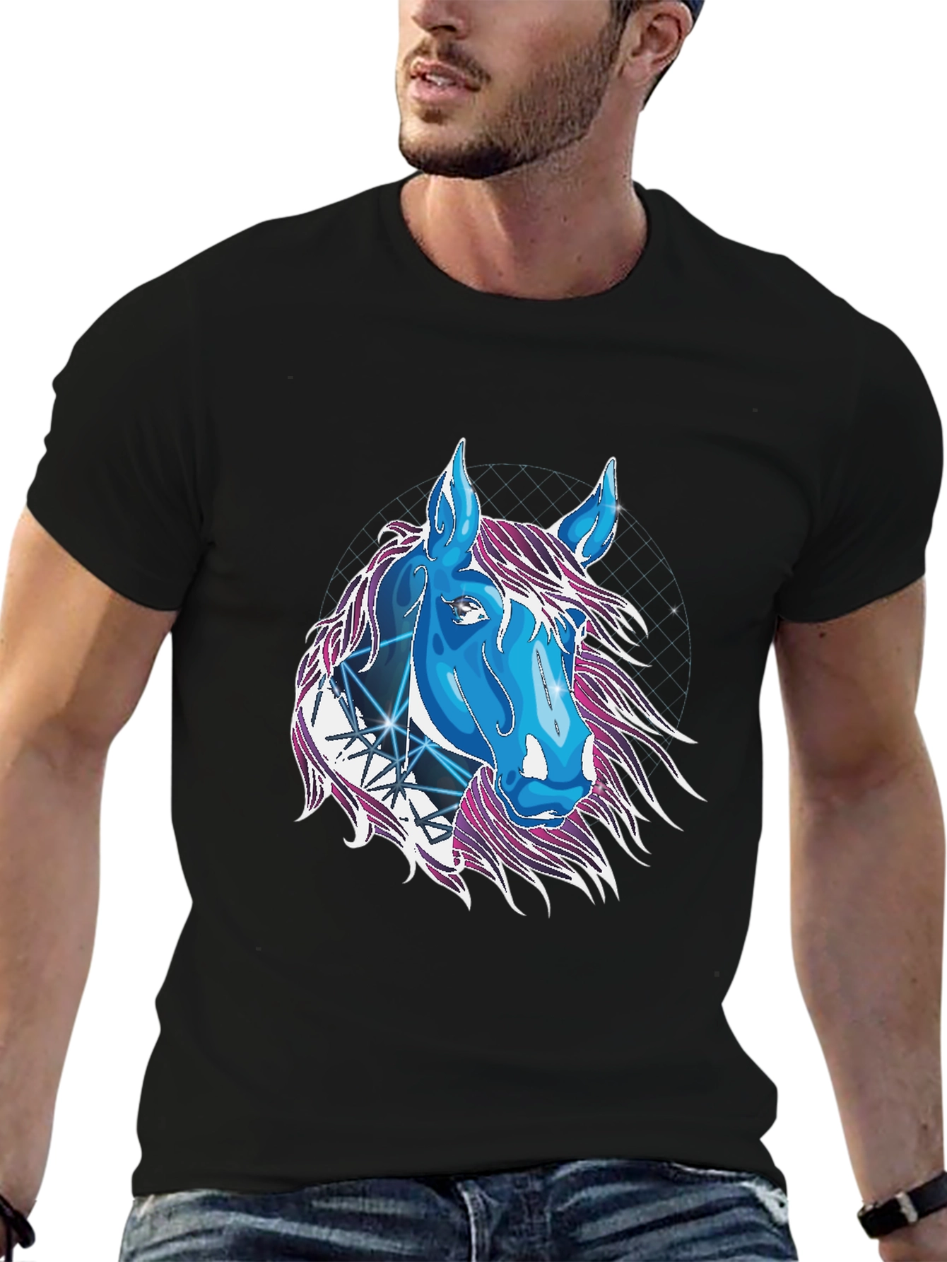 Camiseta Negra con Diseño de Caballo Cósmico