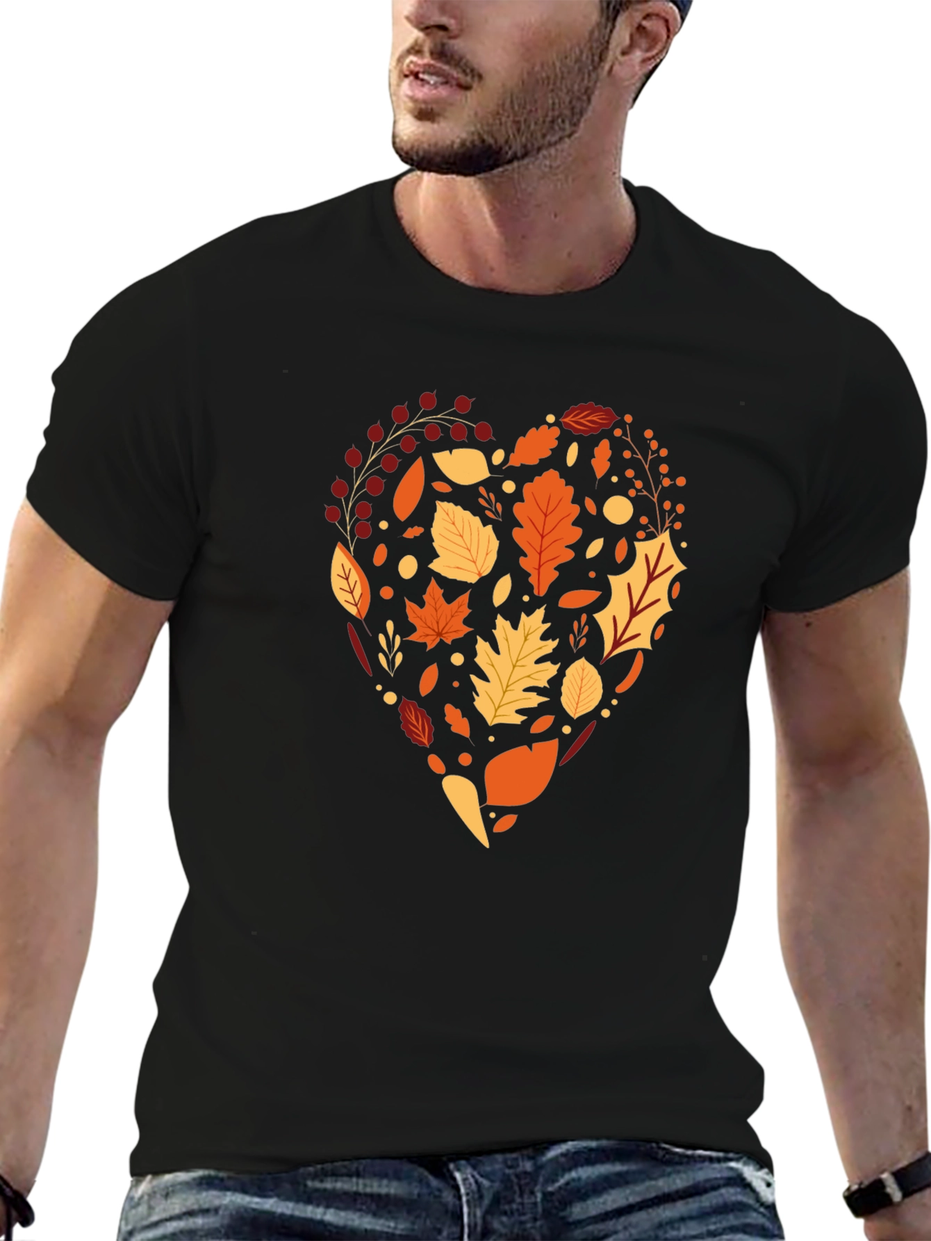 Camiseta Negra Corazón de Hojas Otoñales