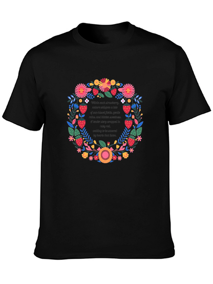 Camiseta Negra con Diseño Floral y de Fresas