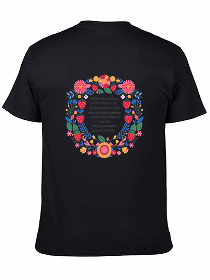 Camiseta Negra con Diseño Floral y de Fresas