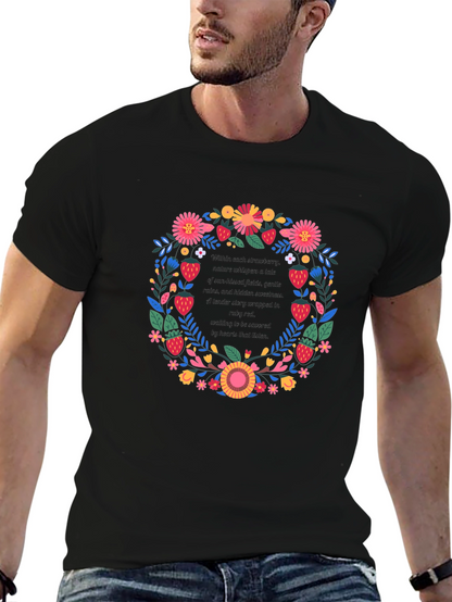Camiseta Negra con Diseño Floral y de Fresas