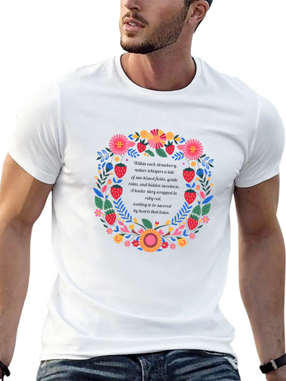 Camiseta Negra con Diseño Floral y de Fresas