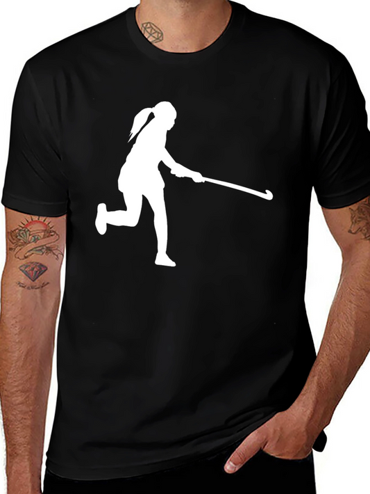 Camiseta Negra Deportiva con Diseño de Jugadora de Hockey