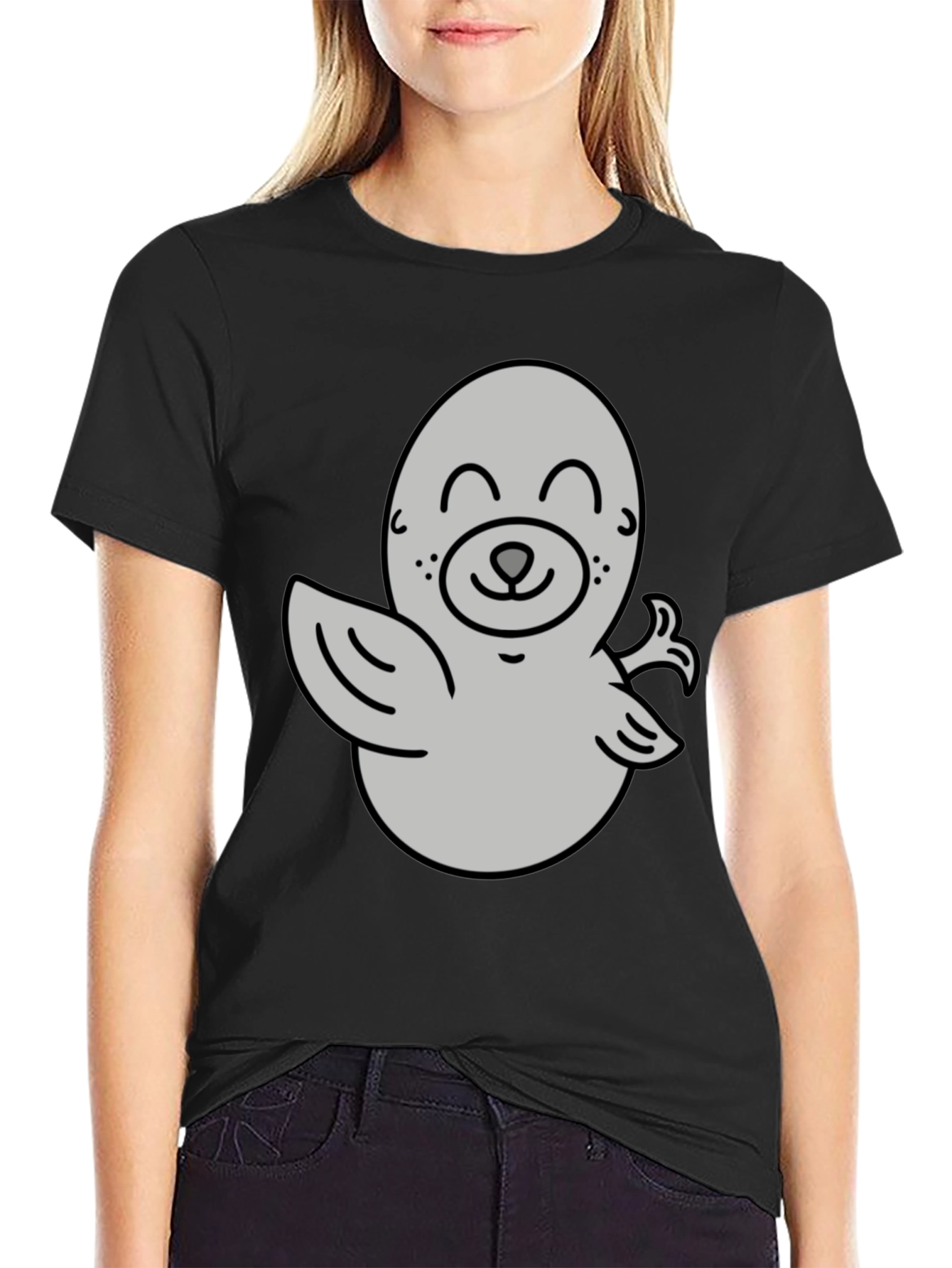 Camiseta Negra con Diseño de Foca Amigable