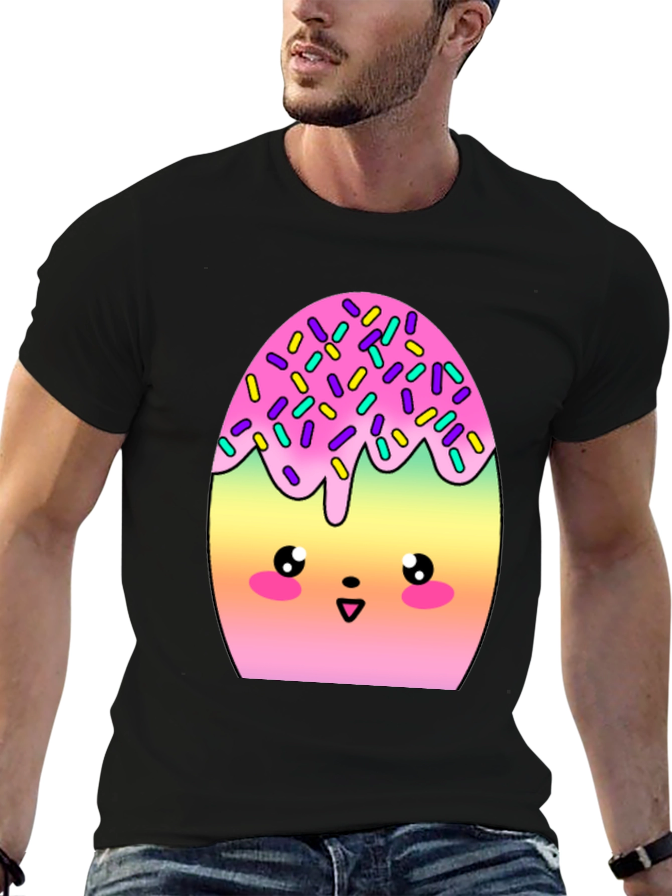 Camiseta Negra con Divertido Diseño de Huevo Kawaii