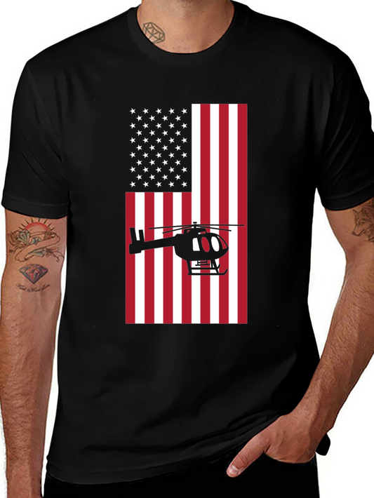 Camiseta Negra con Diseño de Bandera y Helicóptero