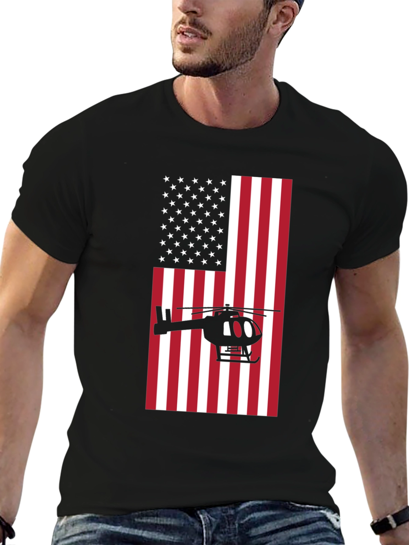 Camiseta Negra con Diseño de Bandera y Helicóptero