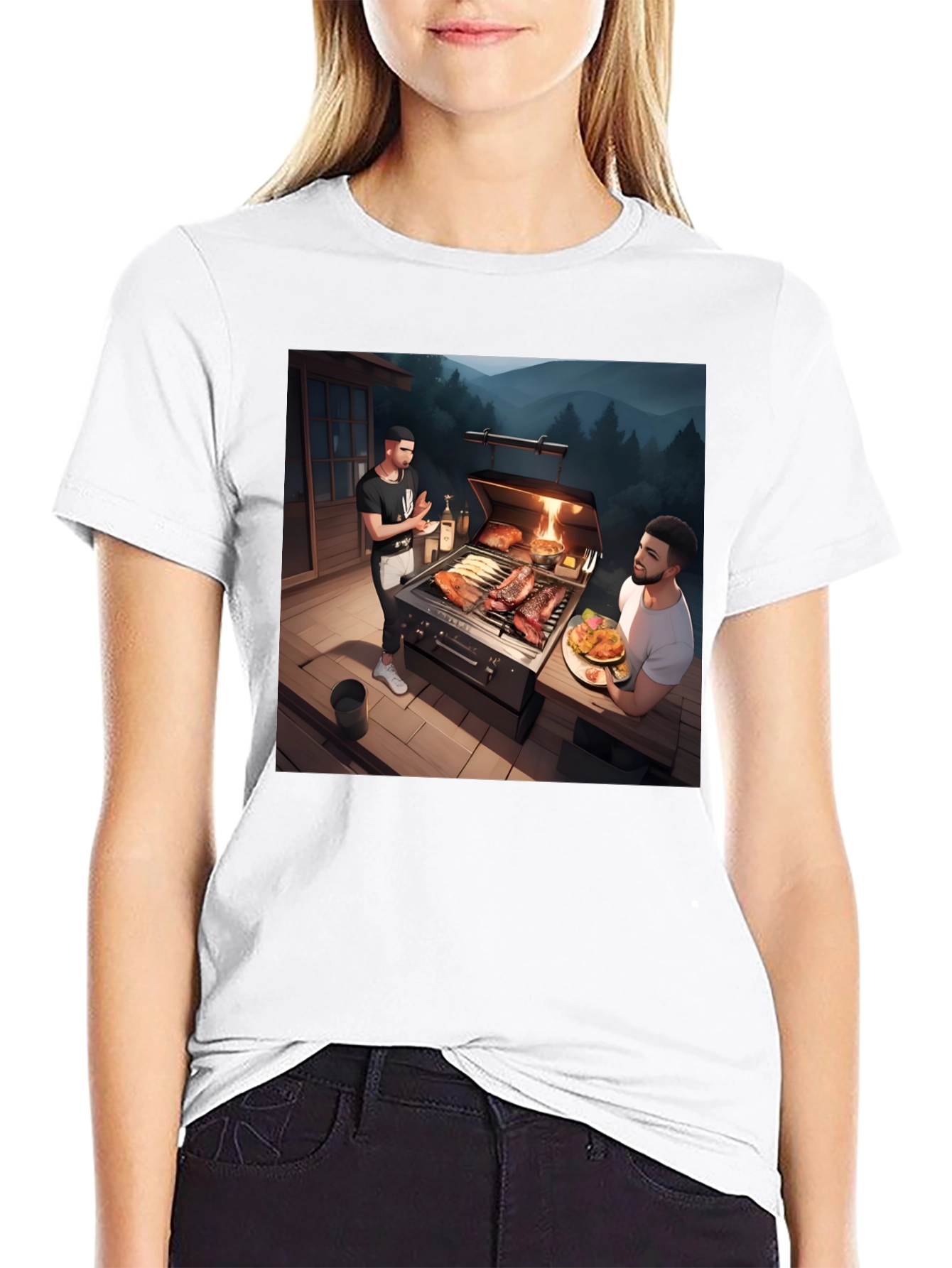 Camiseta Negra con Diseño de Parrilla al Aire Libre