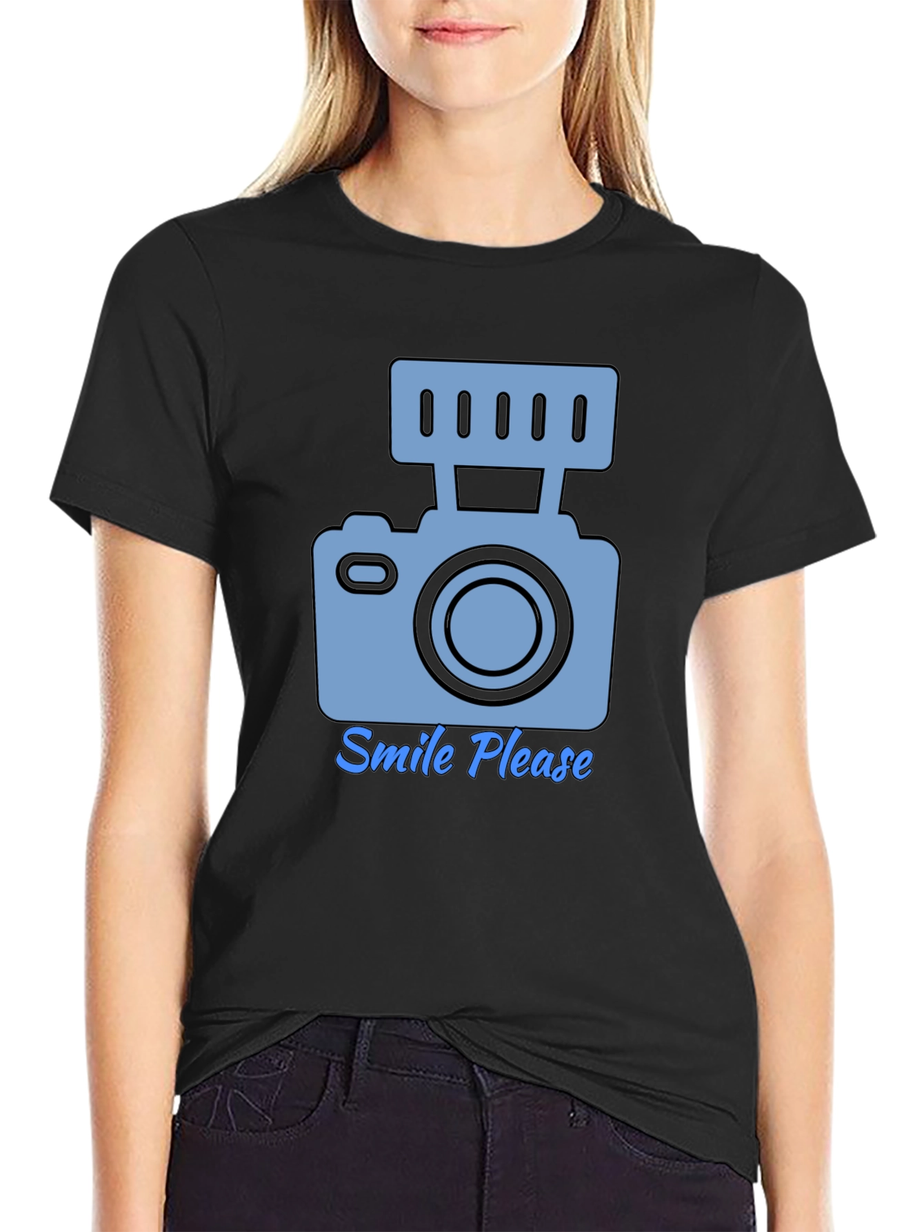 Camiseta Negra Smile Please para Amantes de la Fotografía