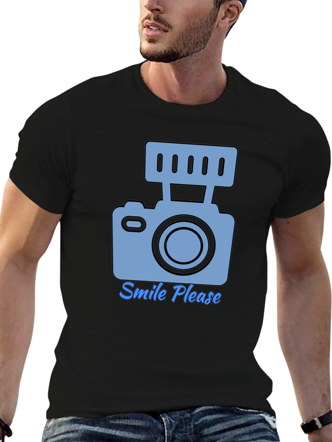 Camiseta Negra Smile Please para Amantes de la Fotografía