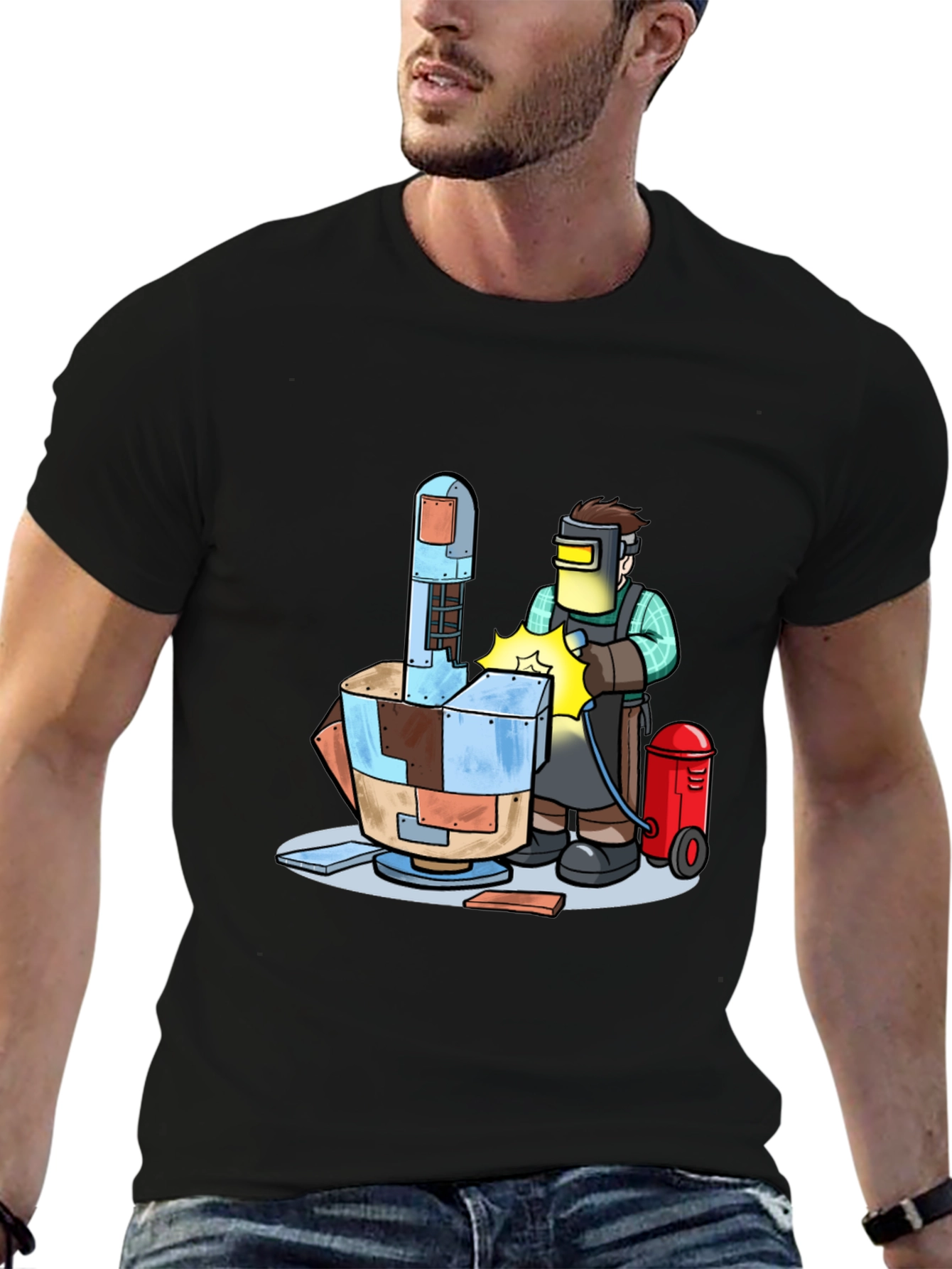 Camiseta Negra con Diseño de Soldador Futurista