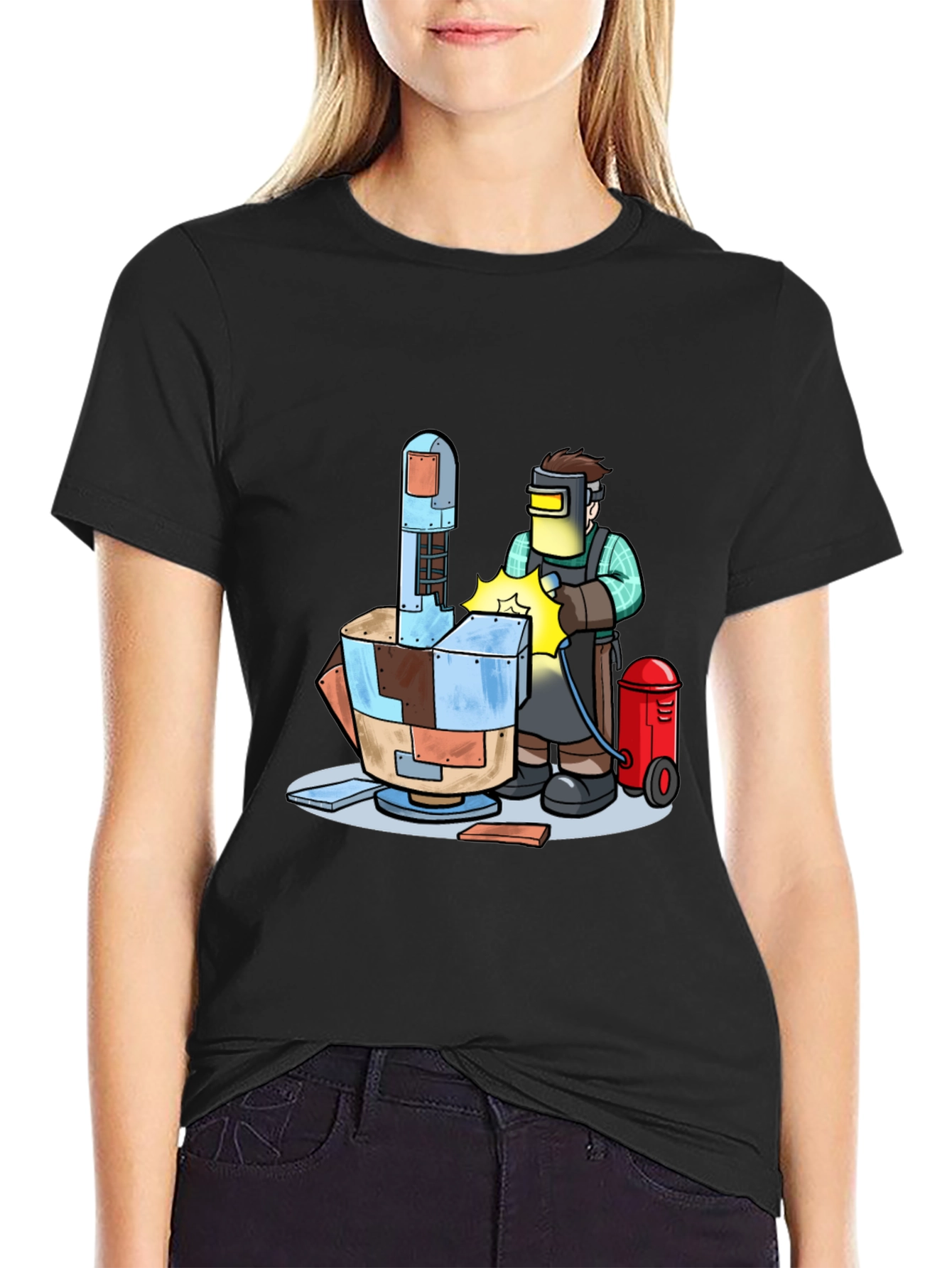 Camiseta Negra con Diseño de Soldador Futurista