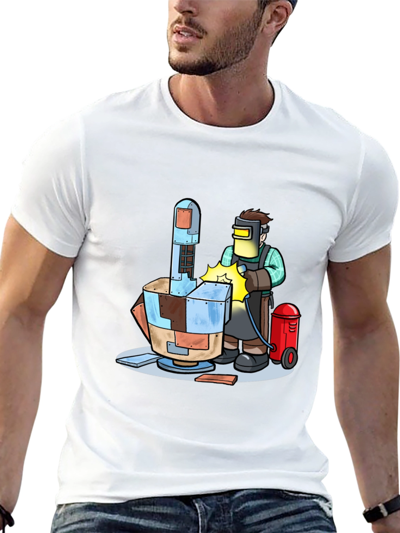 Camiseta Negra con Diseño de Soldador Futurista