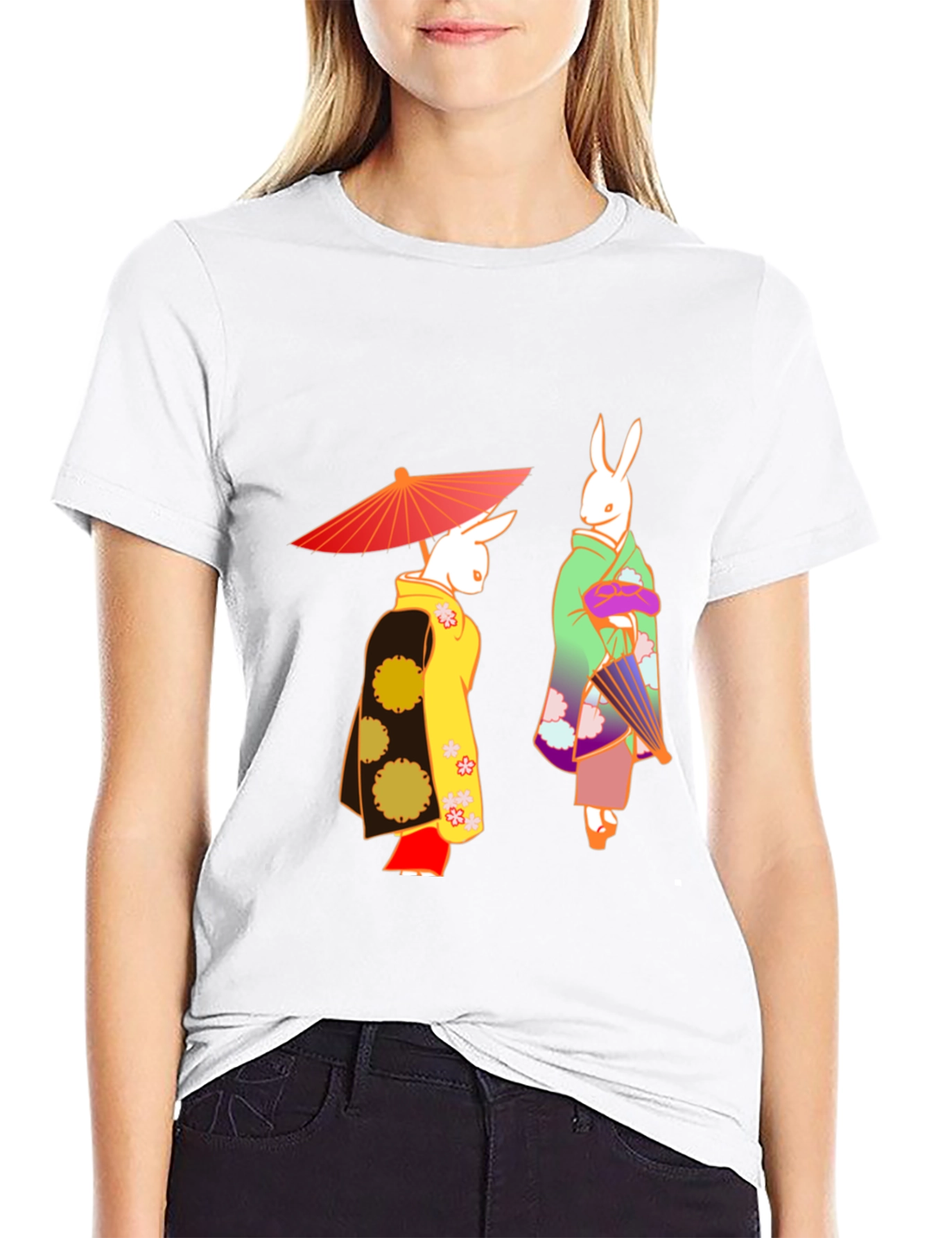 Camiseta Negra con Conejos Japoneses